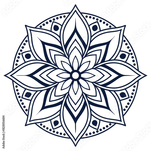 “Simple mandala line art, symmetric geometric details, relaxing zen design, tattoo style, vector SVG”
