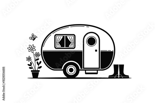 Charming retro camper with flowers and butterfly