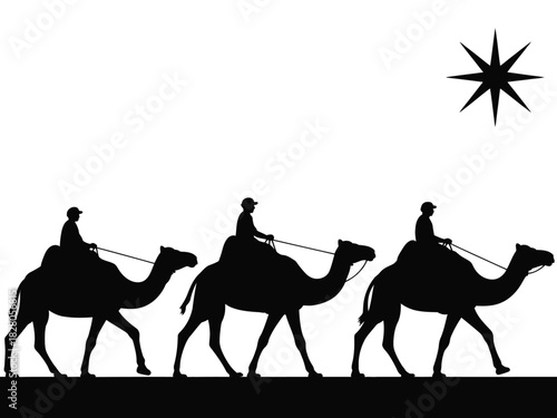 Silhouetted wise men ride camels under a star in a stark depiction of a journey.