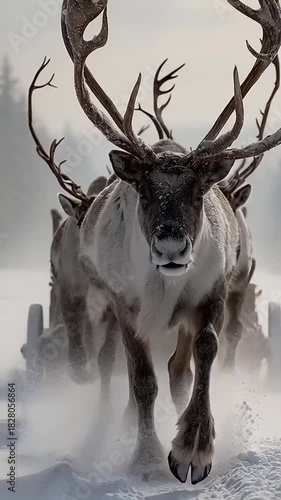 A powerful team of reindeer gallops through a snowy winter landscape.
