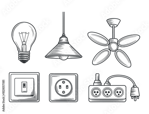 Set of Sketch Style Light Bulb, Fan, and Outlet Illustrations