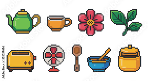Pixel Art Collection of Everyday Objects in Retro Style