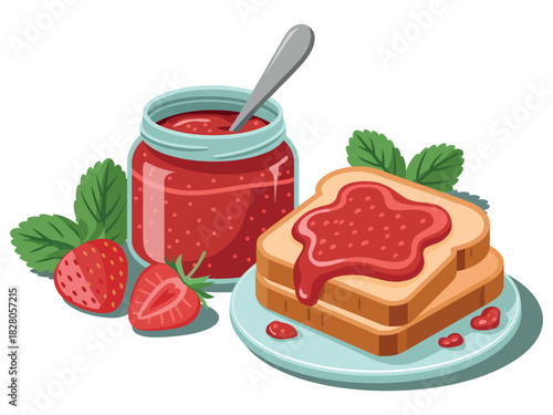 Illustration of strawberry jam jar with toast and fresh strawberries
