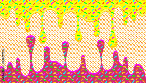 Ice cream drip illustration. Dripping ice cream with colorful sprinkle. Ice cream drips on waffle waffer background. Wavy ice cream drips illustration. Vector of caramel dripped.