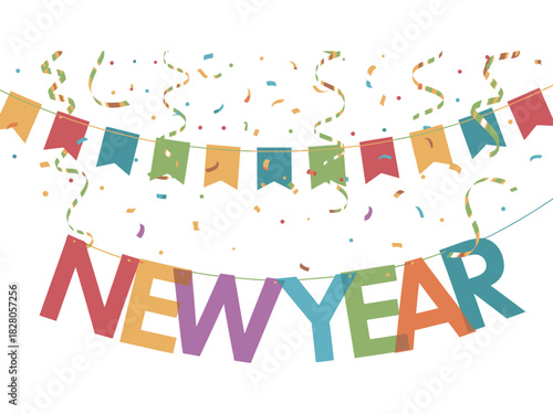 Colorful new year banner with pennants and confetti on white background