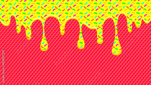 Ice cream drip illustration. Dripping ice cream with colorful sprinkle. Ice cream drips on waffle waffer background. Wavy ice cream drips illustration. Vector of caramel dripped.