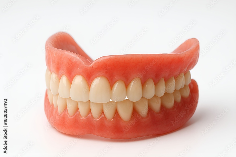 Obraz premium Set of dentures. Themes of dentistry, prosthodontics, cosmetic procedures, healthcare, and senior care communications, illustrating tooth replacement, oral rehabilitation, and dental technology