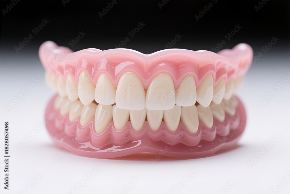 Obraz premium Set of dentures. Themes of dentistry, prosthodontics, cosmetic procedures, healthcare, and senior care communications, illustrating tooth replacement, oral rehabilitation, and dental technology