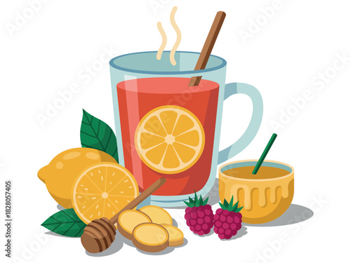 Illustration of hot drink with lemon ginger and raspberry elements