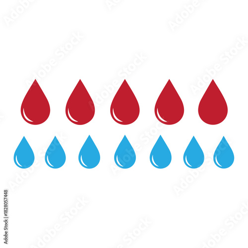 Water drop shape. Blue water drops and blood red drops set. Water or oil drop.