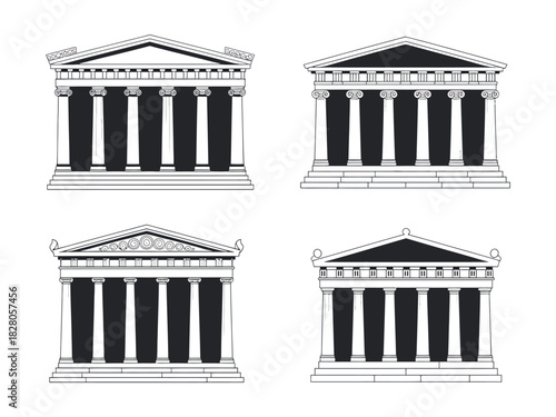 Four illustrations of greek temple facades in black and white style
