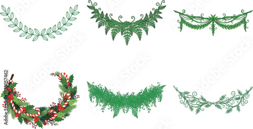 Set of six decorative green foliage garlands isolated on transparent background, perfect for adding a touch of nature