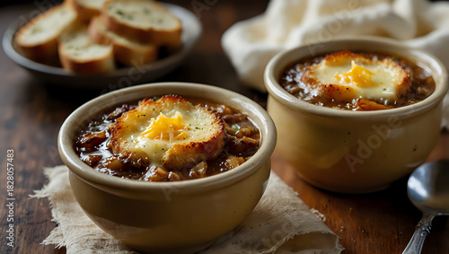 French Onion Soup Topped With Melted Cheese And Croutons