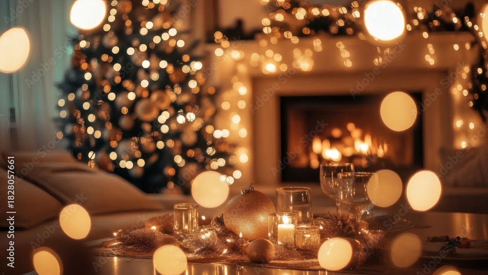 Obraz premium Cozy Christmas living room with a decorated tree, fireplace, and festive table setting, illuminated by warm bokeh lights