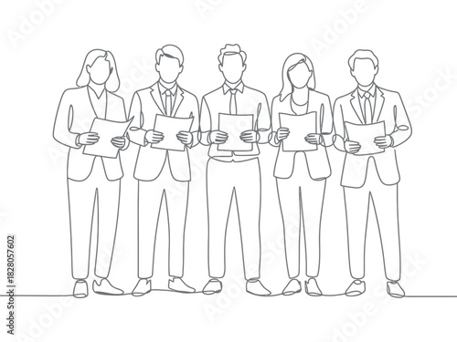 Line drawing of five people in suits holding papers in their hands
