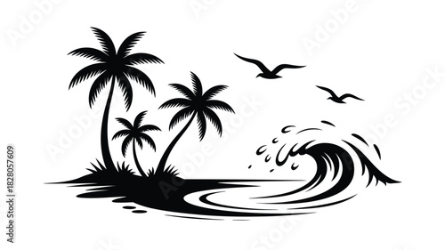Tropical beach scene with palm trees and crashing wave