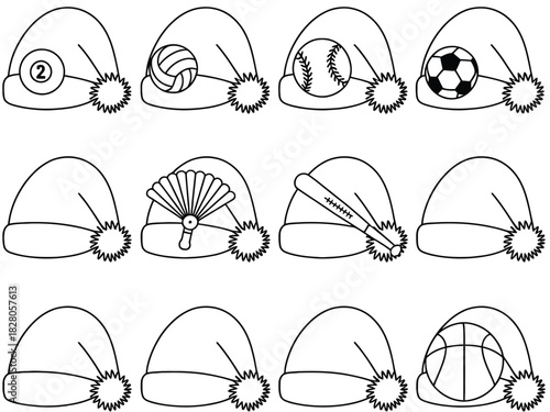 Collection of Santa hats decorated with various sports equipment and symbols.