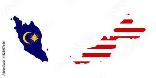Malaysia icon. Country silhouette split into Peninsular and Borneo regions with national flag elements vector illustration. Asian nation shape for geography and education symbol.