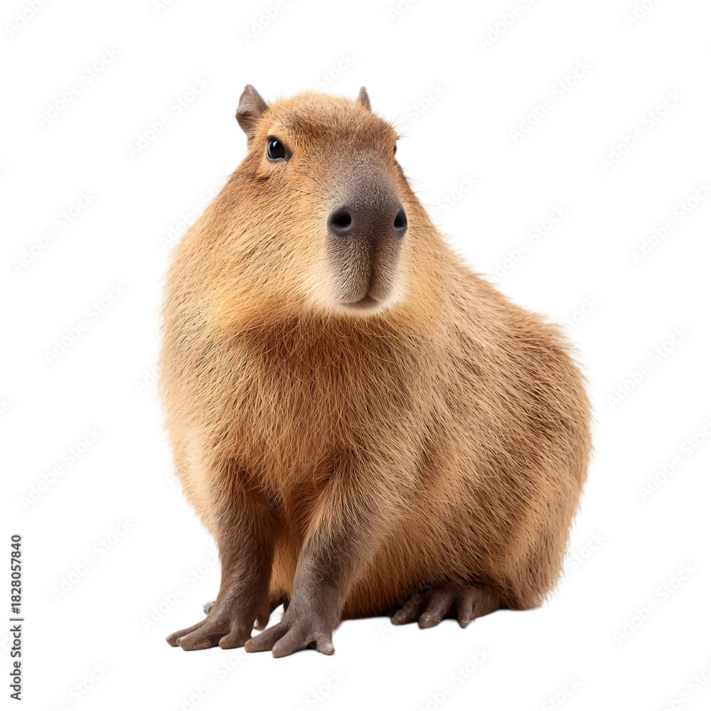 Obraz premium A cute and fluffy capybara rodent sitting calmly looking forward with a gentle expression isolated on transparent background