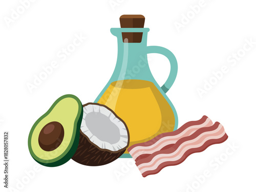 Illustration of avocado coconut bacon and oil in a glass container