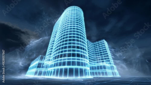 Futuristic blue neon wireframe skyscraper building emerging from dark mist