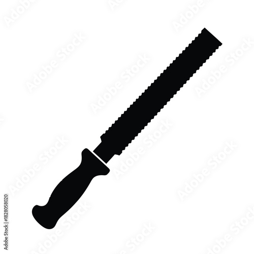 Black serrated knife with black handle on white blade