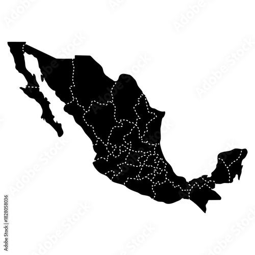 Mexico regional borders map. Black silhouette of Mexico with visible administrative borders vector illustration. Federal state territory division sign. Geographic and political boundary symbol.