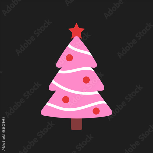 Vector illustration of a cute pink Christmas tree with red ornaments, white garland, and a red star on top, isolated on black background. Cute new year festive object in flat style.