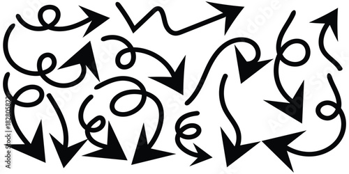 Collection of hand-drawn, black arrows in various whimsical and directional styles on a white background.