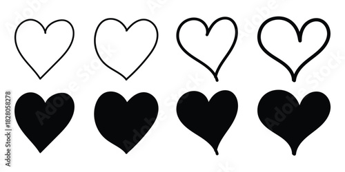 Collection of eight hand-drawn heart illustrations, alternating between outline and solid black shapes on a white background.