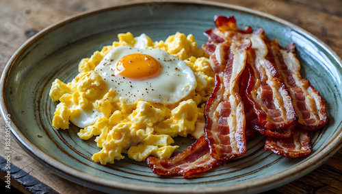 Scrambled Eggs, Fried Egg, and Crispy Bacon