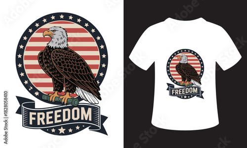 American bald eagle with freedom ribbon on distressed oval background