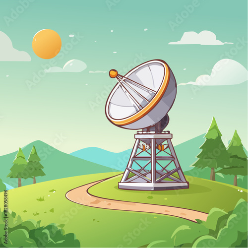 Un radiotélescope en pleine nature, radioastronomie, astronomie, nature, extérieur, montagnes, soleil  