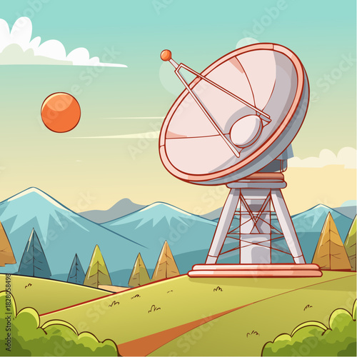 Un radiotélescope en pleine nature, radioastronomie, astronomie, nature, extérieur, montagnes, soleil  