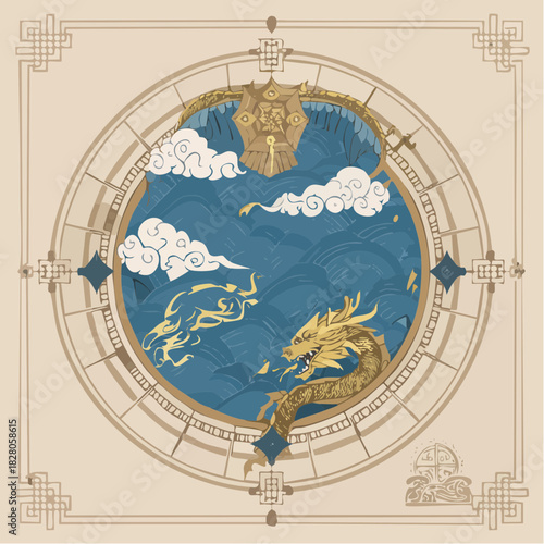 Jolie illustration stylisée d'un dragon dans un médaillon circulaire, papier ancien 