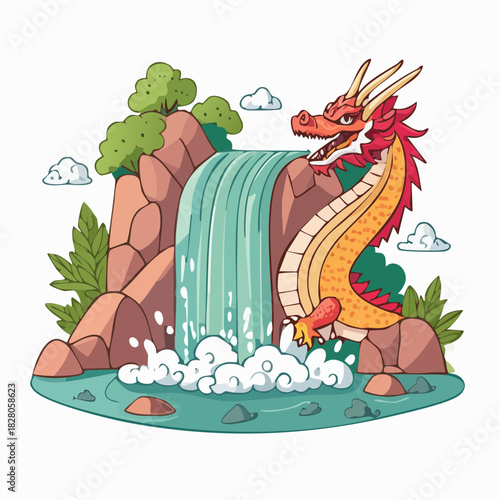 Illustration originale d'un dragon, chute d'eau, Asie, classique, isolé sur fond blanc