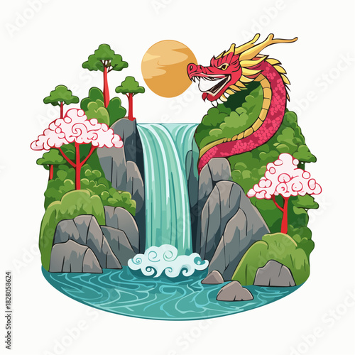 Illustration originale d'un dragon, chute d'eau, Asie, classique, isolé sur fond blanc
