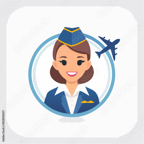 Friendly female flight attendant avatar smiling in a circular frame with a plane icon, representing professional airline service on a bright background.