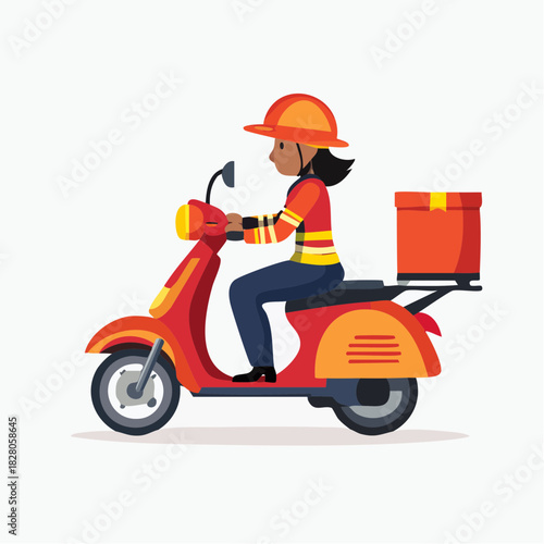 Woman on a scooter delivering a package, wearing a helmet and safety gear.