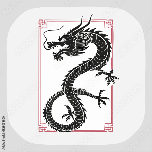 Jolie illustration d'un dragon en noir et blanc, stylisé, fond blanc, artistique