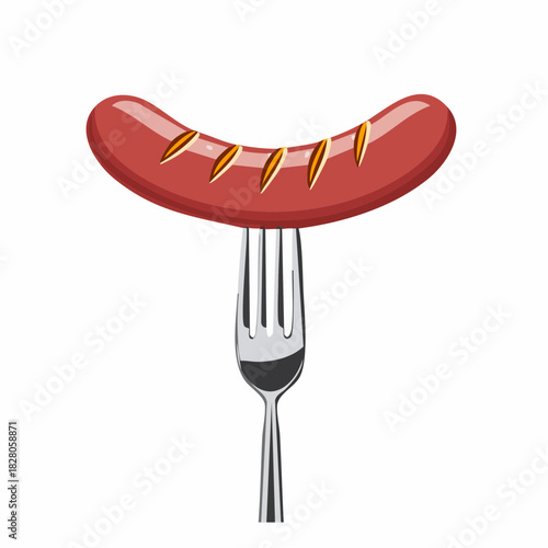 Une délicieuse saucisse au bout d'une fourchette, isolé sur fond blanc