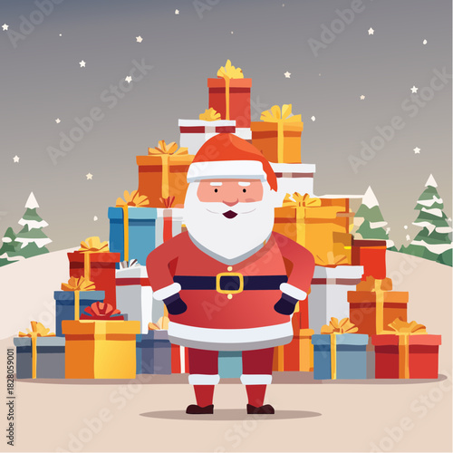 Père Noël souriant devant  une montagne de cadeaux, paysage hivernal, neige, montagne