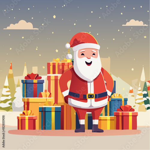 Père Noël souriant devant  une montagne de cadeaux, paysage hivernal, neige, montagne
