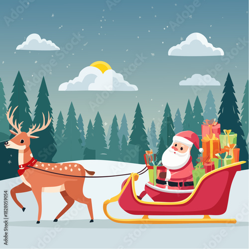 Le Père Noël sur son traineau rempli de cadeaux, tiré par un renne, en pleine forêt enneigée, sapins, joli et mignon  