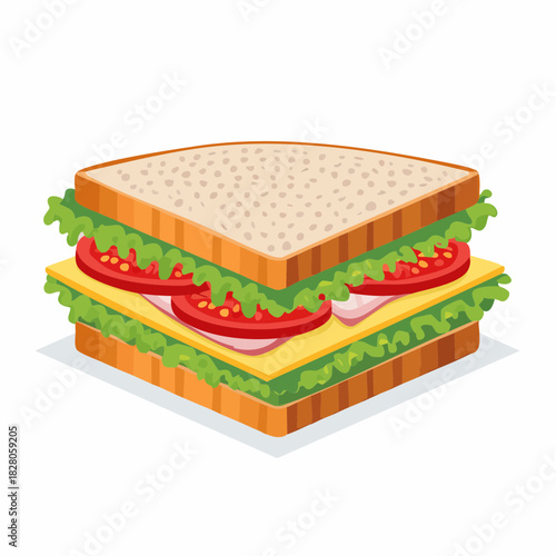 Délicieux club sandwich à plusieurs étages, pain de mie, tomate, salade, fromage, oignons, isolé sur un fond blanc