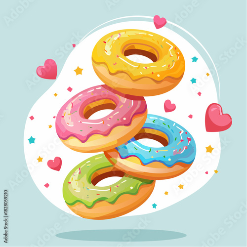 Pluie de plusieurs Donuts multicolores, délicieux, appétissant, plaisir, isolé sur un fond blanc 