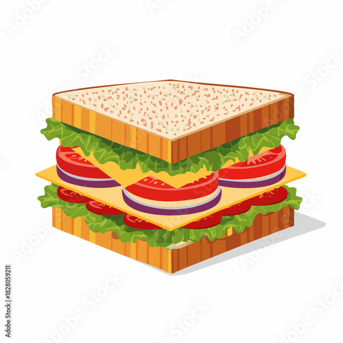 Délicieux club sandwich à plusieurs étages, pain de mie, tomate, salade, fromage, oignons, isolé sur un fond blanc