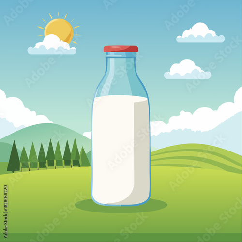 Une jolie bouteille de lait en verre, en pleine nature, calcium ,vitamine D