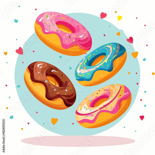 Pluie de plusieurs Donuts multicolores, délicieux, appétissant, plaisir, isolé sur un fond blanc 