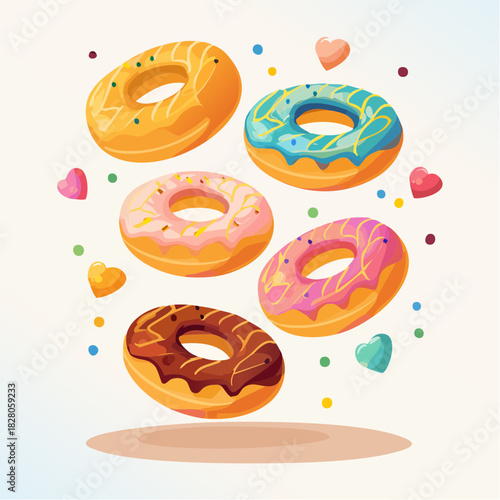 Pluie de plusieurs Donuts multicolores, délicieux, appétissant, plaisir, isolé sur un fond blanc 